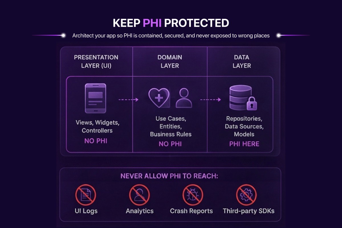 Flutter healthcare app architecture showing PHI contained in the data layer, with no PHI in the presentation or domain layers, and never reaching logs, analytics, crash reports or third party SDKs