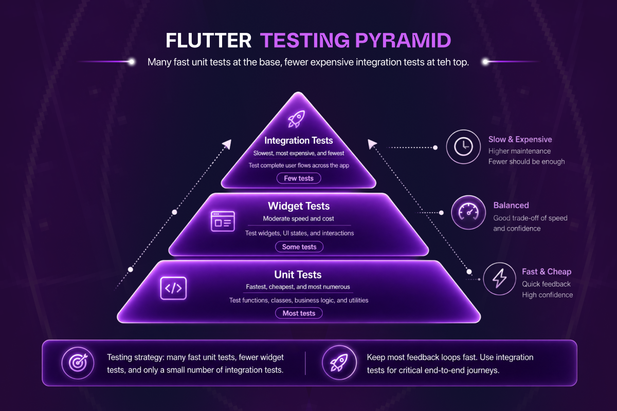The Flutter testing pyramid: many fast unit tests at the base, fewer expensive integration tests at the top