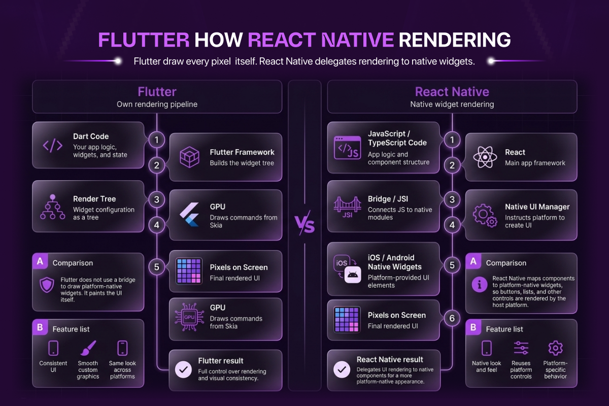 Flutter vs React Native rendering: Flutter draws every pixel itself while React Native delegates rendering to native widgets