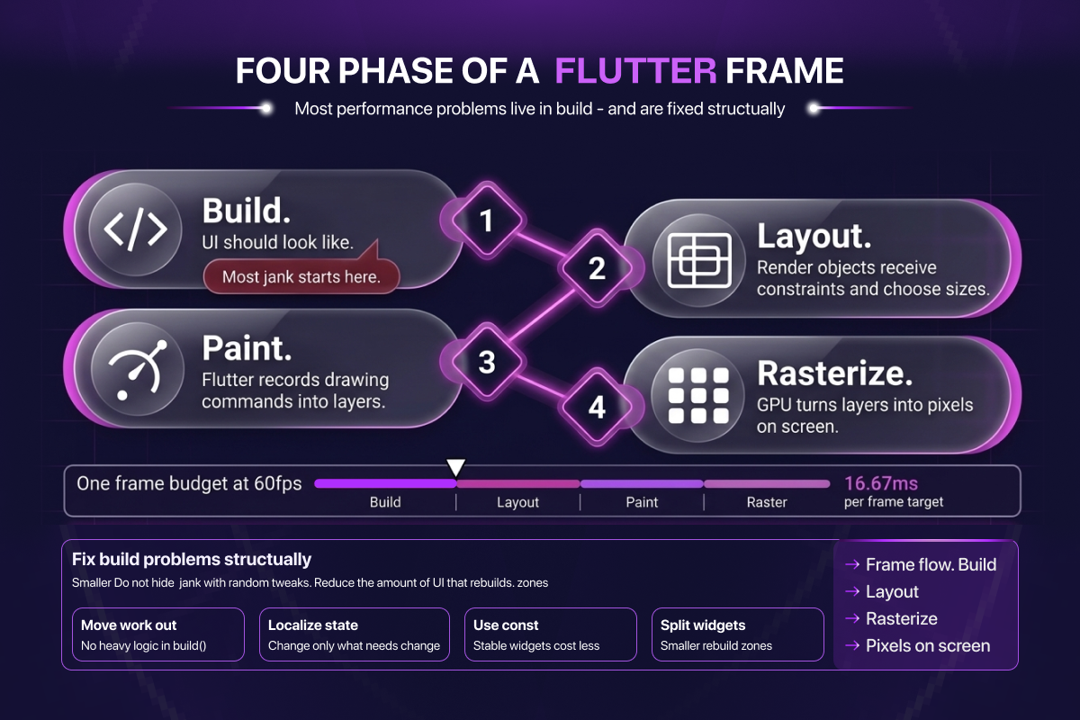 The four phases of a Flutter frame (build, layout, paint, rasterize); most performance problems live in the build phase