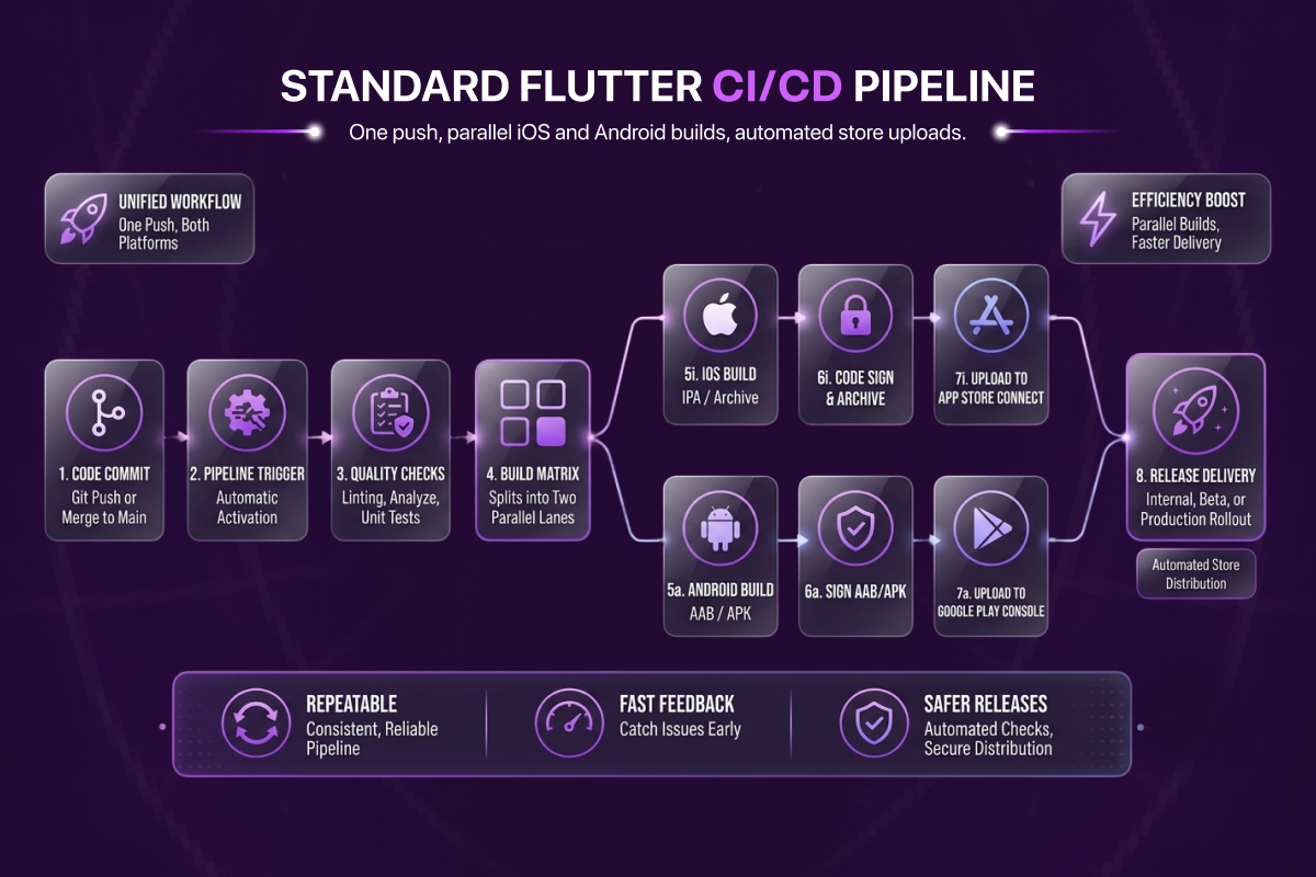 The standard Flutter CI/CD pipeline: one push triggers parallel iOS and Android builds with automated store uploads